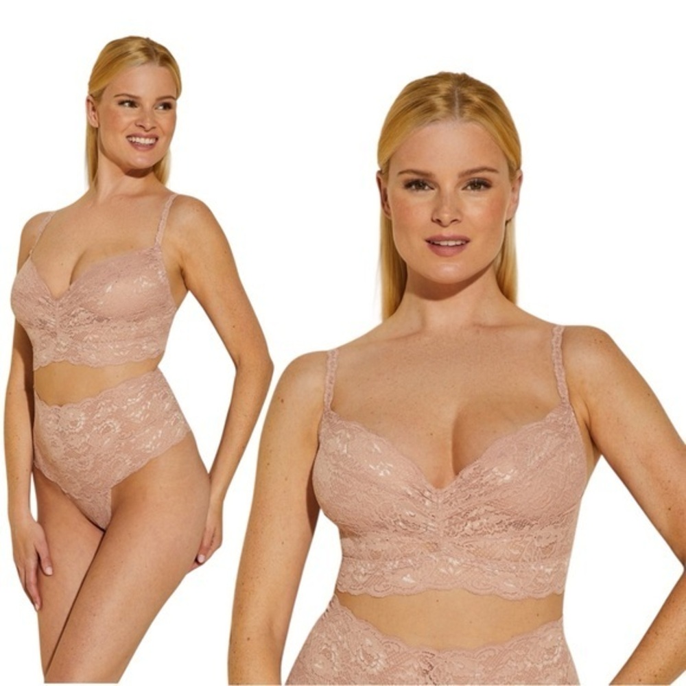Lace Longline Bralette and High-Waist Brief Set - Nude